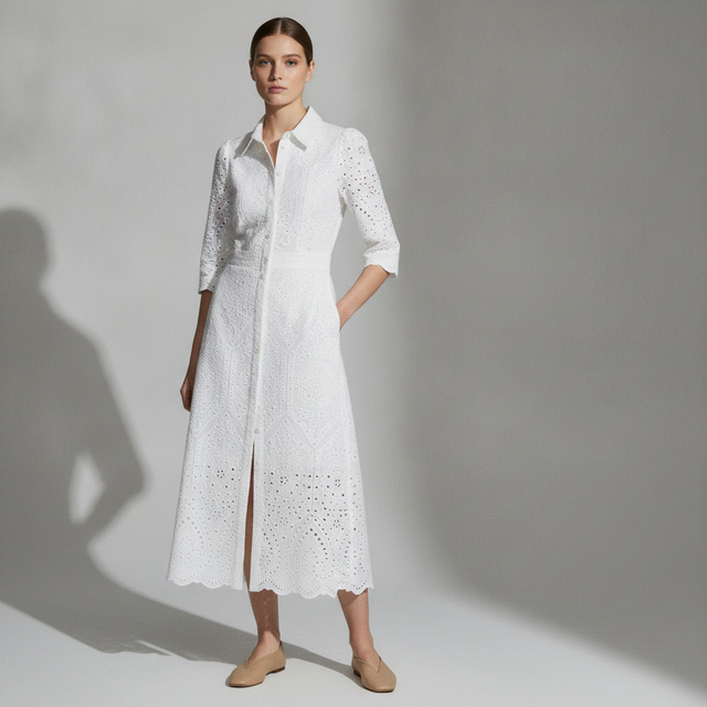 Women's White Eyelet-Embroidered Cotton Shirt Dress