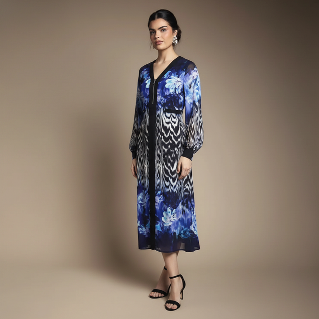 Zip Front Floral Border Chiffon Midi Dress