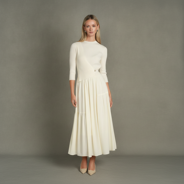 Contrast Knit Midi Dress – Ivory