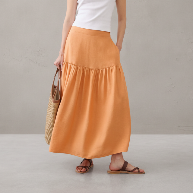 Linen-Blend Tiered Midi Skirt