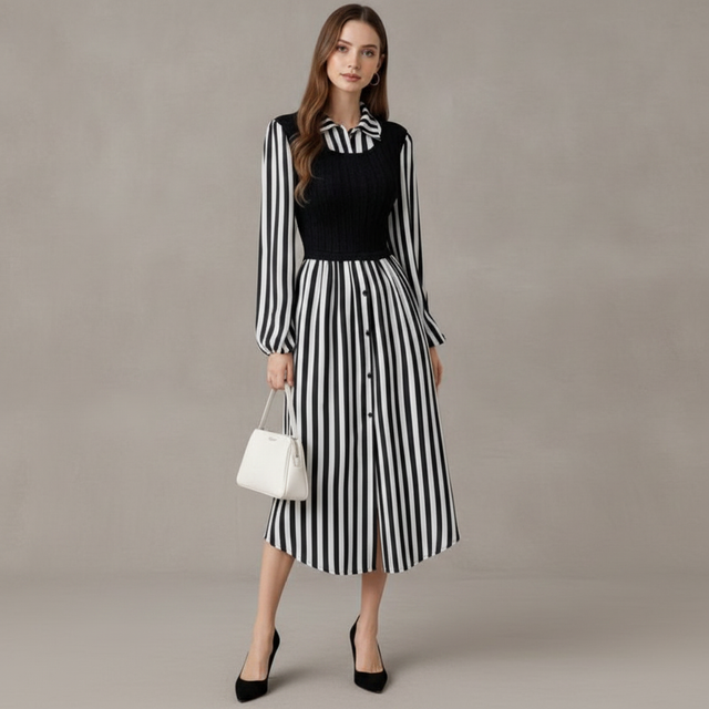 Anna-kaci Striped Sleeve Long Midi Dress