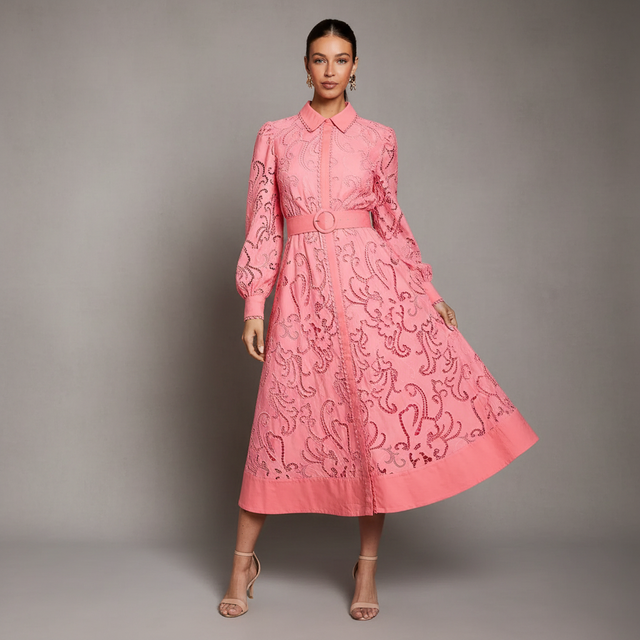 Embroidered Cutout Belted Shirt Dress