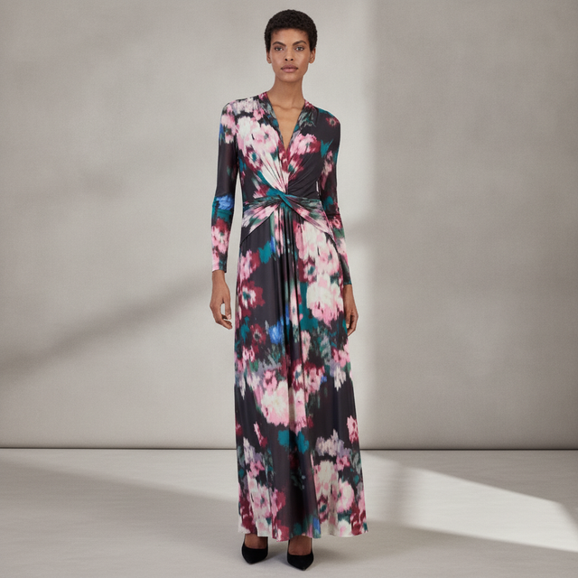 Petite Mesh Twist Front Floral Long-Sleeve Maxi Dress
