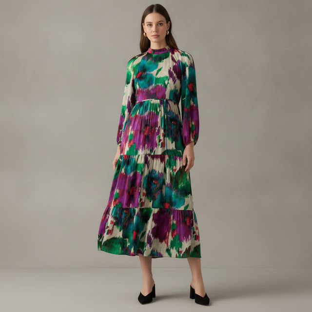 Women's Long Sleeve Mock Neck Floral Print Satin Dress