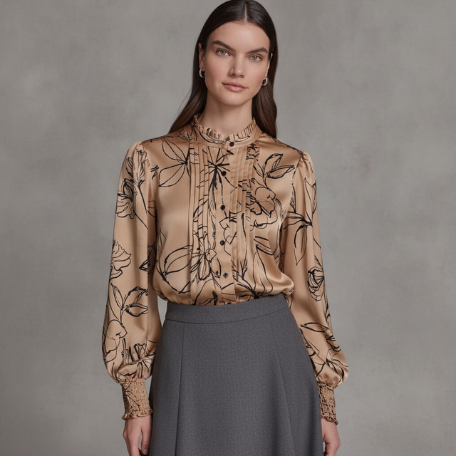 Women's Floral Long-Sleeve Mock Neck Blouse