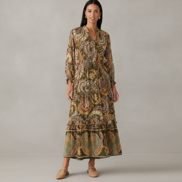 Women's 3/4 Sleeve Smocked Waist Tiered Maxi Dress