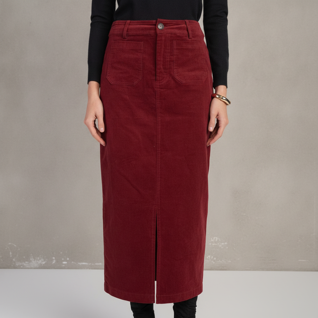 Pocket Midi Skirt- Cherry Lacquer Corduroy
