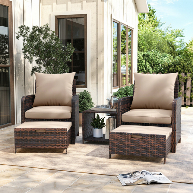 Billmont Wicker/Rattan 2 Person Seating Patio Conversation Sets With Ottoman