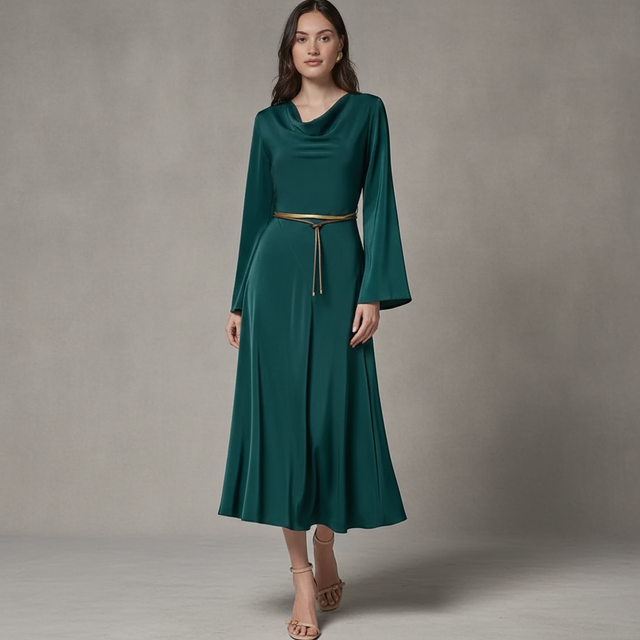 Satin Long-Sleeve Cowl Neck Belted A-Line Dress