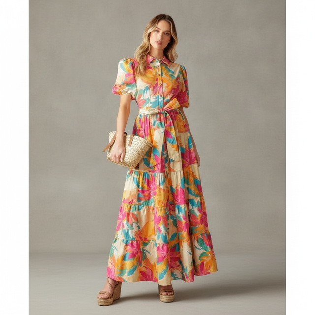 Floral Short Sleeve Maxi Shirtdress FLYING TOMATO