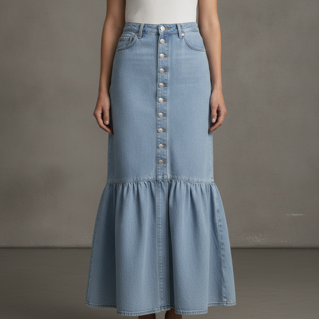 Sematomala Button-down Denim Ruffle Maxi Skirt