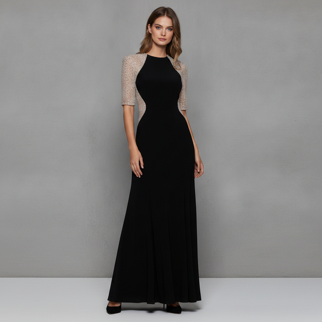 Petite Beaded Mesh Short Sleeve Sheath Gown