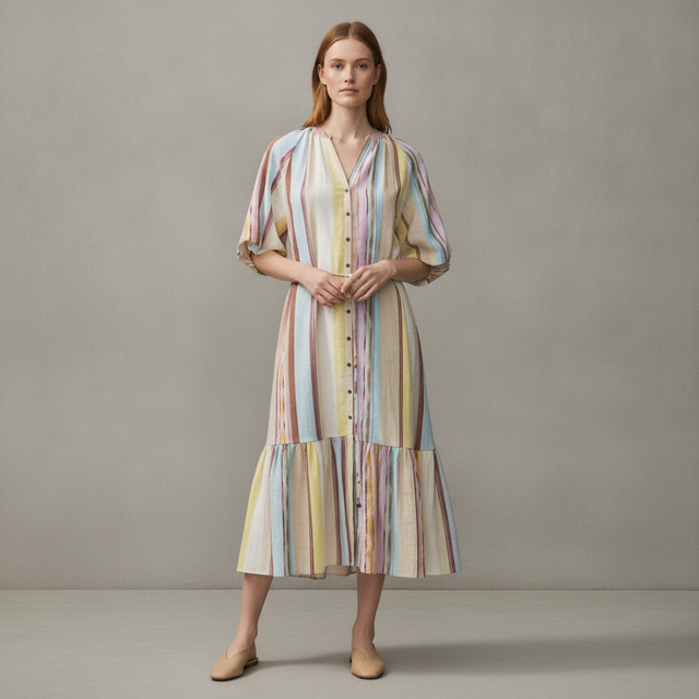 Women's Light beige/striped Short-Sleeved Tie-Belt Dress