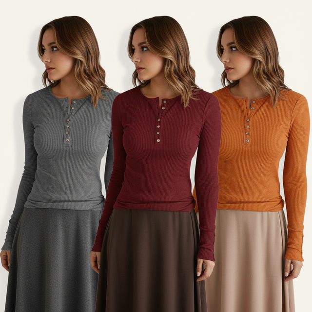 APOFER Ribbed Long Sleeve Henley Tunic Top