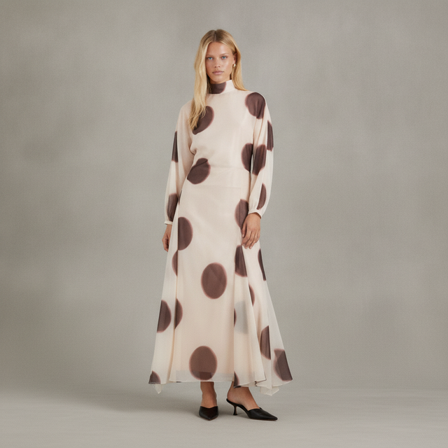 ASOS DESIGN high neck maxi dress with asymmetric waist in brown polka dots