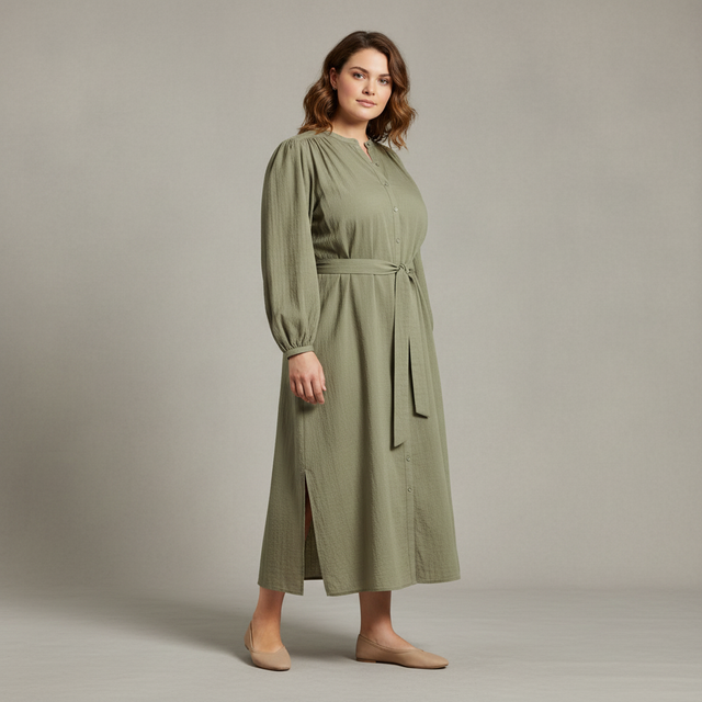 Women's Flounce Long Sleeve Collared Neck Maxi Shirtdress
