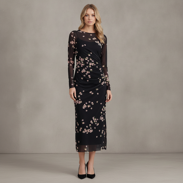 Printed Mesh Column Dress