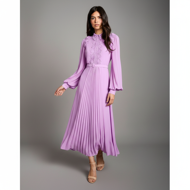 Lace Trim Collared Georgette Shirt Dress
