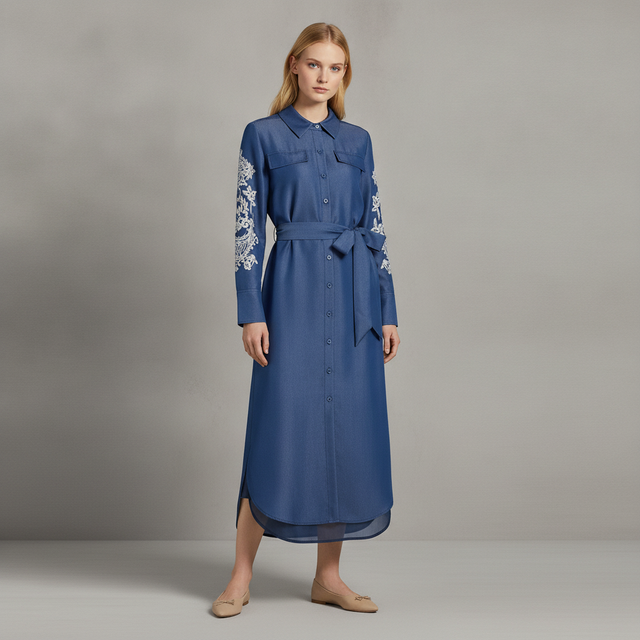 Embroidered Belted Midi-Dress