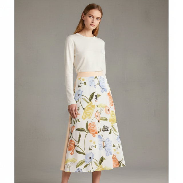 Floral Button Flare Midi Skirt
