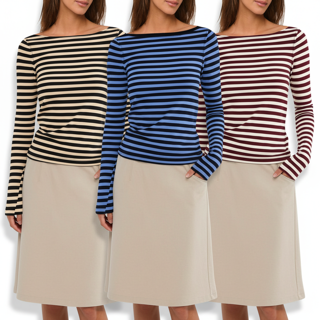 YaneKop Striped Boat Neck Long Sleeve Shirt
