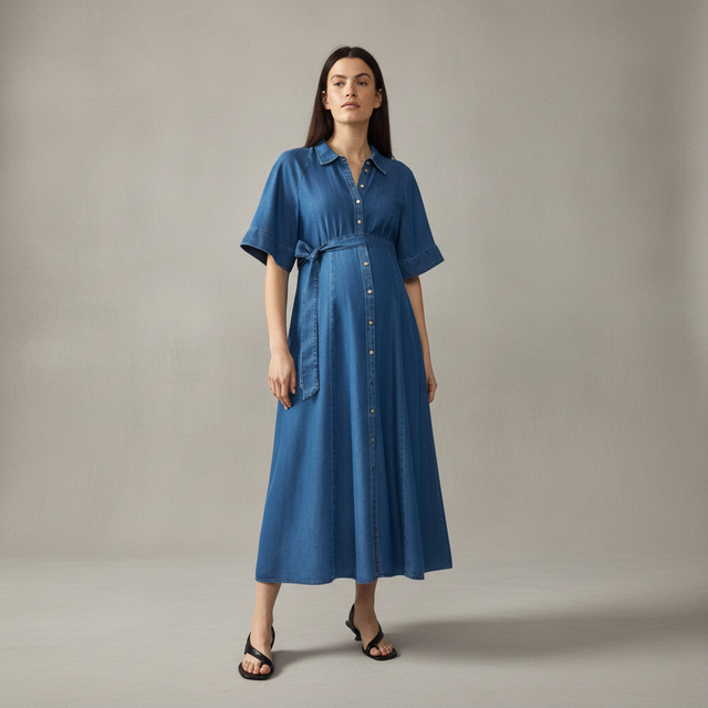 Mama Tie-Belt Denim Dress