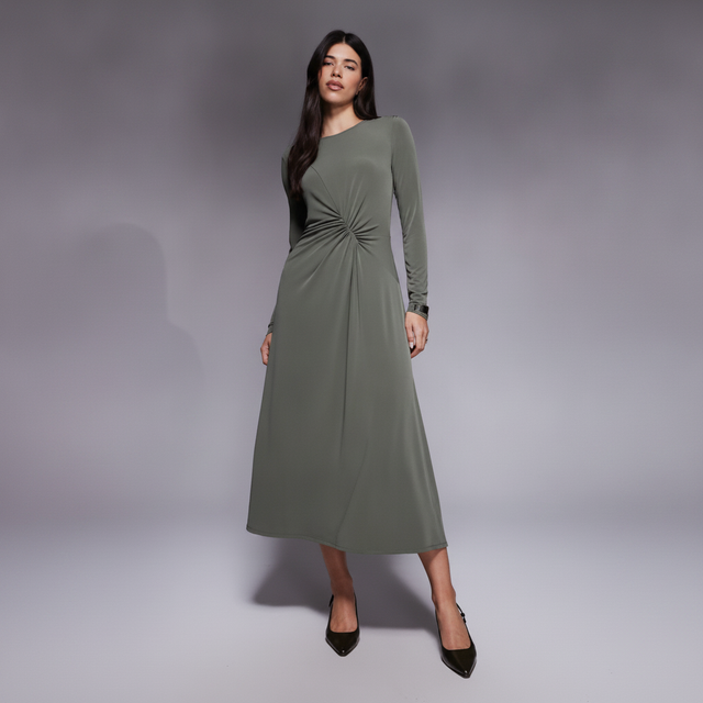 ASOS DESIGN long sleeve ruched midi dress in khaki