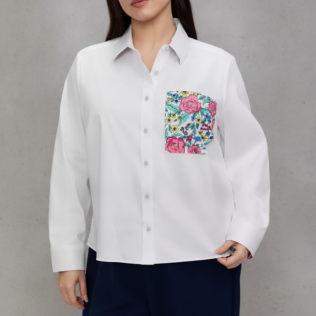 Foxcroft Plus Jodie Long Sleeve Matte Sateen Shirt - White Multi