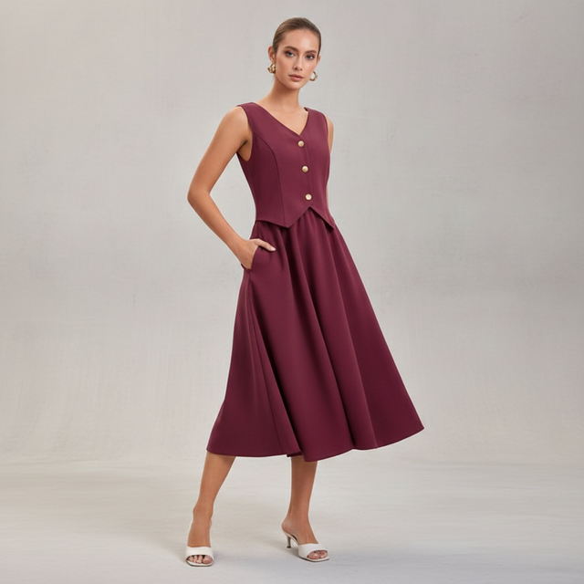 Women's Layered Waistcoat Midi A-Line Dress