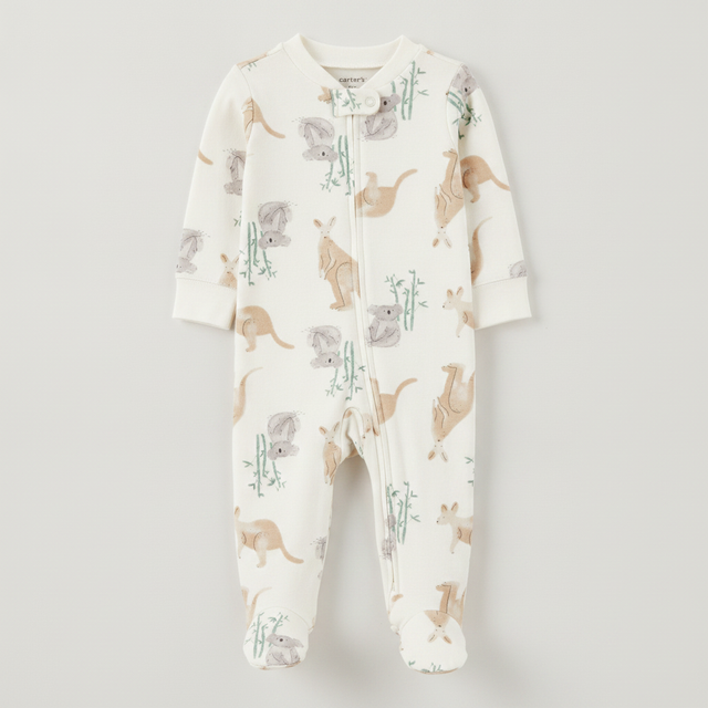 Baby Girl Kangaroo 2 Way Zip Cotton Sleep And Play Pajamas Ivory