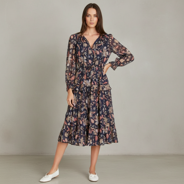 Clarice Floral Print Long Sleeve Midi Dress