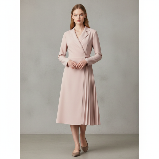 Target Inspire Pink Pleated Long Sleeve Neck Wrap Midi Dress