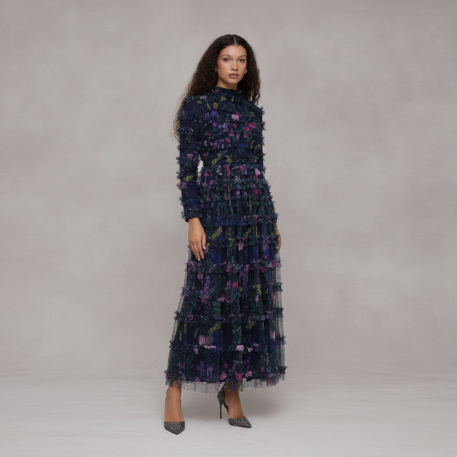 Women's Modest Floral Ruffle High Neck Maxi Dress