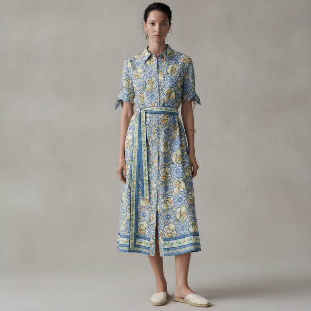 Women's Blue/lemons Short-Sleeved Shirt Dress