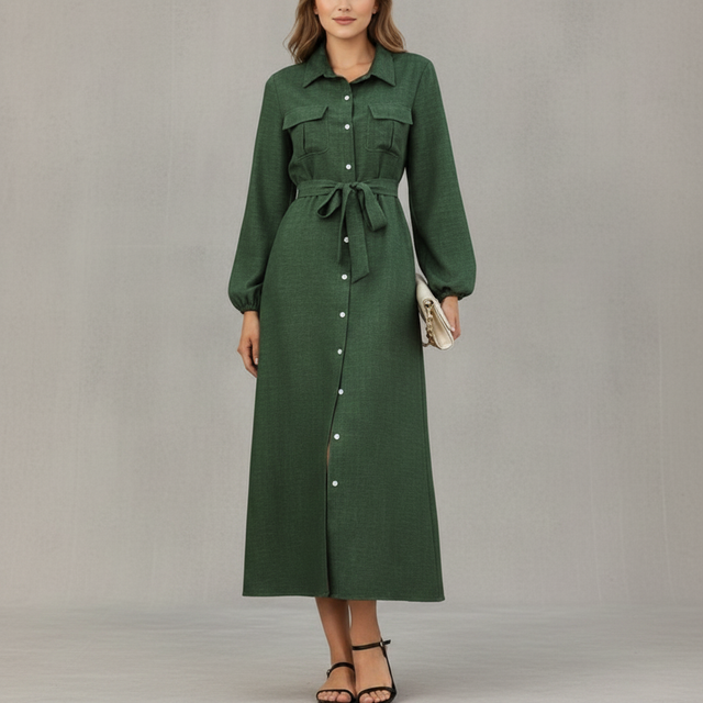 Anna-Kaci Women's Long Sleeve Button Front Midi Dress with Waist Tie and Utility Pockets