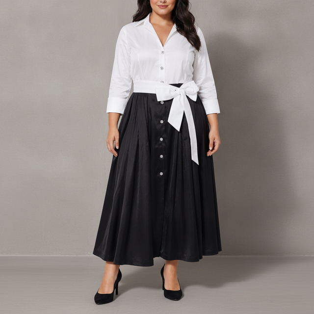 Oleg Cassini Stretch Taffeta Collar Midi Dress - Plus - Black/White