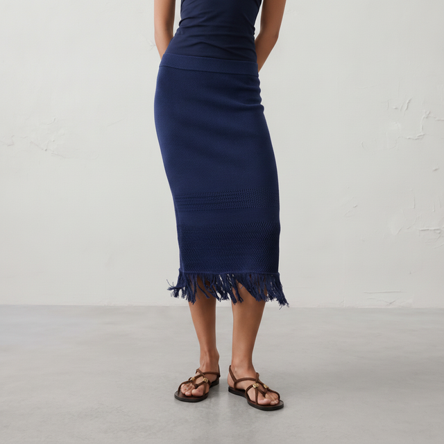 Frayed-Hem Midi Skirt