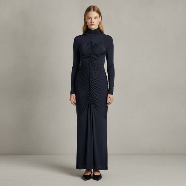 Ida Turtleneck Ruched Satin Maxi Dress