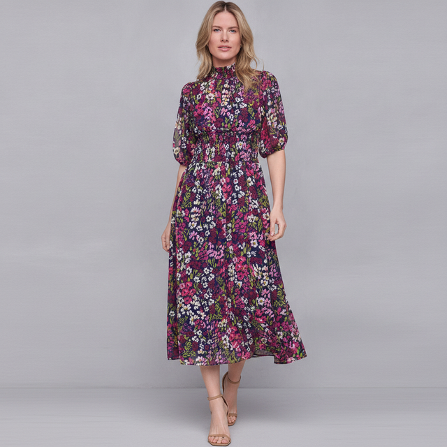 Petite Mock Neck Elbow-Sleeve Smocked Waist Midi Dress