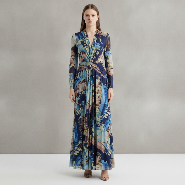 Abstract Print Twist Front Long Sleeve Mesh Maxi Dress Anne Klein