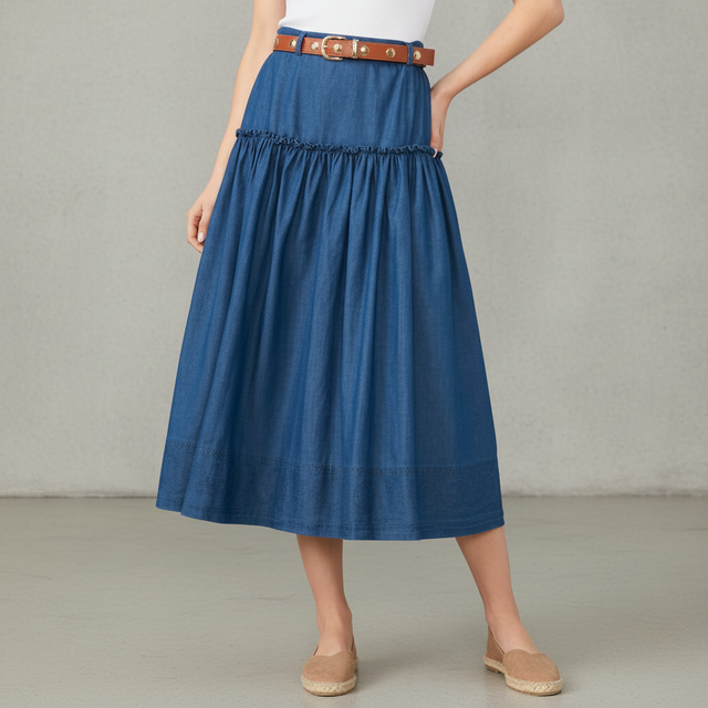 Belted Denim Midi Circle Skirt