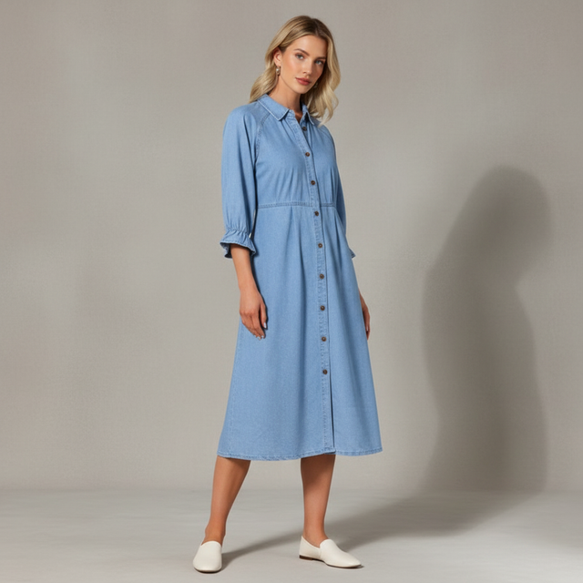 Target Inspire Denim Ruffle Long Sleeve Midi Dress