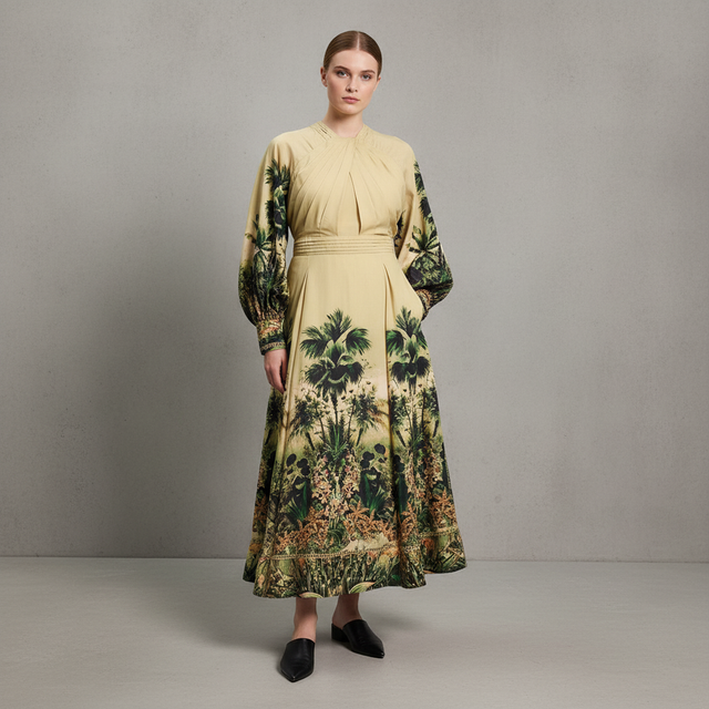 Plus Size Botanical Print Woven Balloon Sleeve Maxi Dress