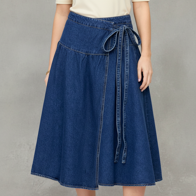 Cider Denim Mid Rise Wrap Tie Side Maxi Skirt
