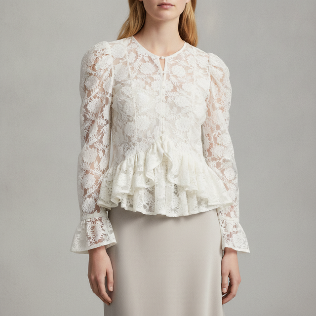 Ruffle-Trimmed Lace Blouse - White