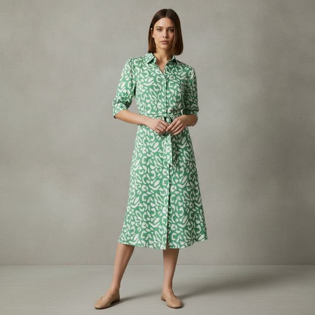 Green Animal Midi Shirt Dress