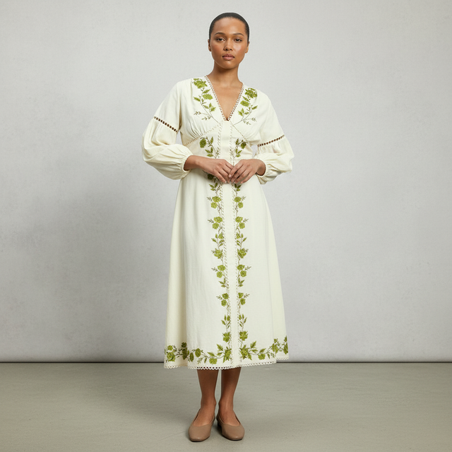 Plus Size Rose Embroidered Cotton Twill Woven Long Sleeve Maxi Dress