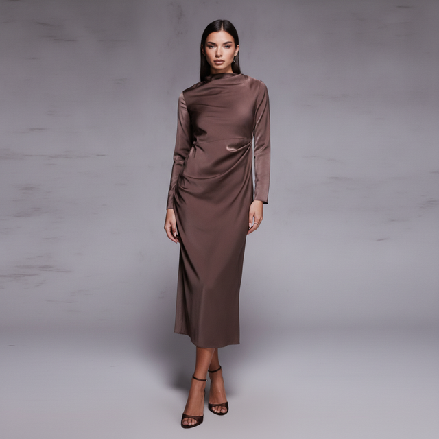 long sleeve high neck pleated bodice midi dress in chocolate