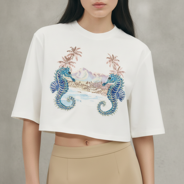 Women's White/seahorses Embellished Cropped T-Shirt