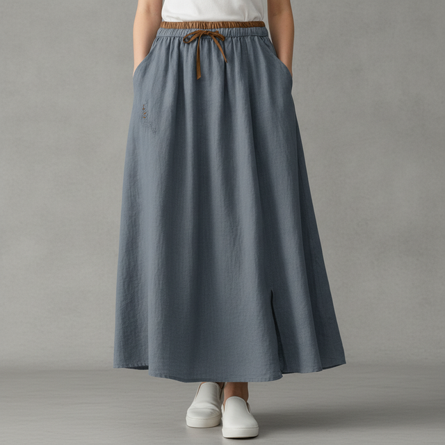 Rciityk Vintage High-Waist Linen Midi Skirt